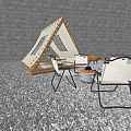 Cozy Triangle Tent with String Lights Tables Chairs and Fire Pit on Gravel Ground