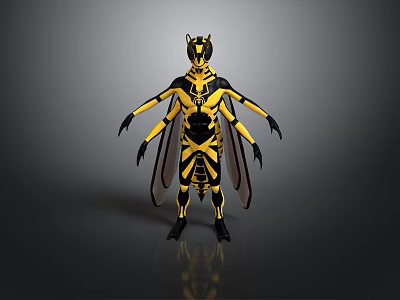 Yellow and Black Wasp 3D Model Creature with Horned Head Wings and Multiple Limbs 3d model