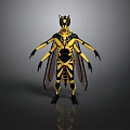 Yellow and Black Wasp 3D Model Creature with Horned Head Wings and Multiple Limbs