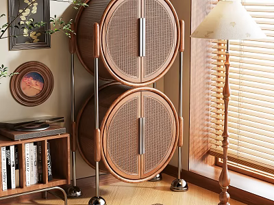Elegant Round Storage Cabinet With Woven Wood Doors And Metal Legs In Indoor Space 3d model