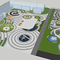 Modern Plaza Landscape With Circular Design Fountains Green Lawns Trees And Pathways