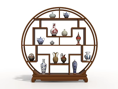 Traditional Circular Wooden Curio Cabinet Displaying Various Vases And Porcelain Art Pieces 3d model