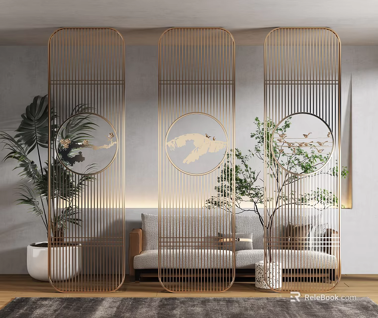 Modern Living Room with Elegant Golden Divider Screen Featuring Circular Patterns Green Plants and Sofa 3d model 