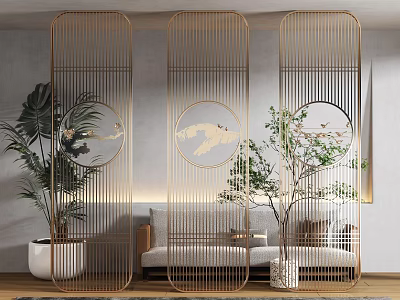 Modern Living Room with Elegant Golden Divider Screen Featuring Circular Patterns Green Plants and Sofa 3d model