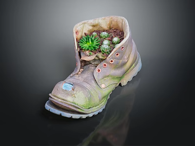 Succulent Plants Growing In Old Work Boot Planter With Moss Covered Worn Design 3d model