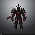 Mythical Warrior Character In Black Red Spiked Armor With Horns Weapon And Glowing Red Elements
