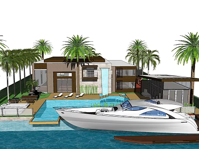 Luxury Detached Villa With Swimming Pool Yacht And Palm Trees By Waterfront 3d model