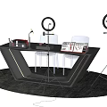 Modern Office Desk with Microphone Books Ring Lights on Round Dark Rug and Transparent Chair