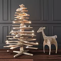 Festive Wooden Stacked Christmas Tree And Deer Figurine Decorative Ornament Set With Candles And Balls