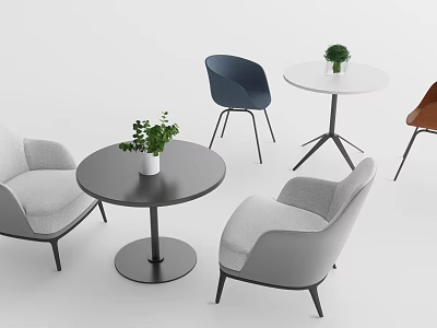 Modern Table And Chair Set With Gray Blue Brown Chairs Round Table And Green Plant 3d model