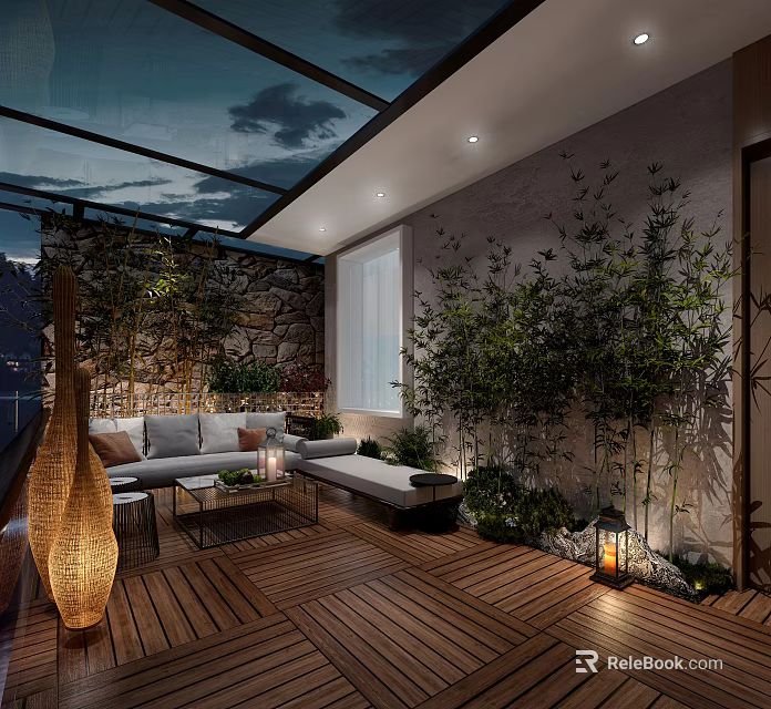 Villa Balcony With Wooden Deck Cozy Sofa Green Plants Stone Wall Skylight And Decorative Lantern 3d model 
