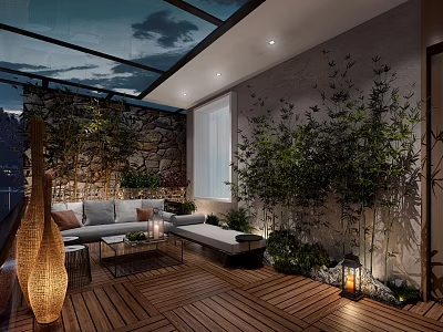 Villa Balcony With Wooden Deck Cozy Sofa Green Plants Stone Wall Skylight And Decorative Lantern 3d model