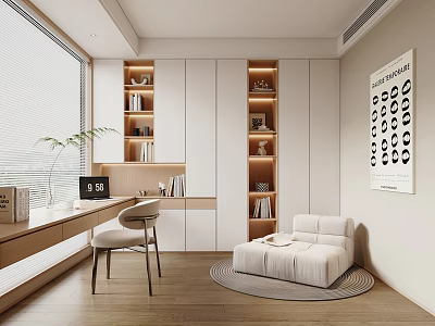 Modern Minimalist Study Room With Desk Chair Built In Shelves And Sofa 3d model