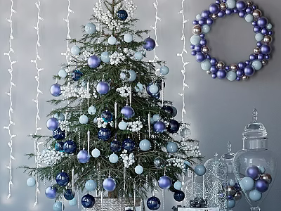 Festive Christmas Ornament Set with Tree Wreath Glass Jars and Blue Purple White Balls 3d model