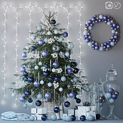 Festive Christmas Ornament Set with Tree Wreath Glass Jars and Blue Purple White Balls 3d model