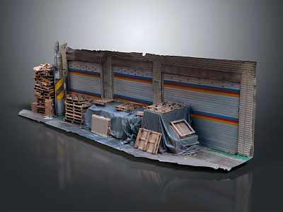Warehouse Garage Scene With Roll Up Doors Wooden Pallets Covered Items And Damaged Walls 3d model