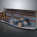 Warehouse Garage Scene With Roll Up Doors Wooden Pallets Covered Items And Damaged Walls