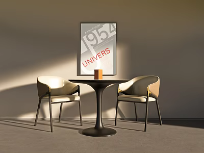 Two Modern Lounge Chairs With Round Black Table Orange Decor And 1951 Poster 3d model