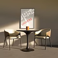 Two Modern Lounge Chairs With Round Black Table Orange Decor And 1951 Poster