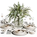 Elegant Decorative Ornament Set With Tableware Vase Fresh Flowers Wine Glasses Teacups And Plates