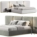 Modern Double Bed With Gray Upholstered Headboard Pillows Bed Linens And Nightstand