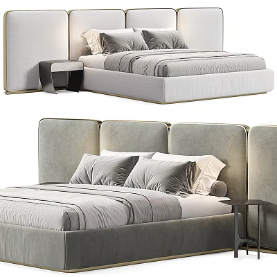 Modern Double Bed With Gray Upholstered Headboard Pillows Bed Linens And Nightstand 3d model