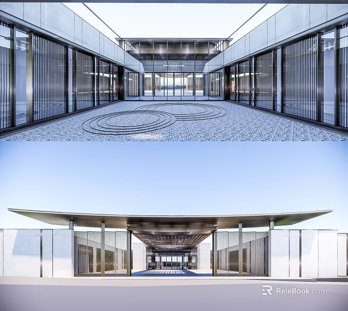 Modern Sales Office Building Exterior With Glass Curtain Walls Spacious Entrance And Unique Roof Design 3d model 