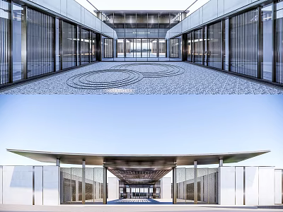 Modern Sales Office Building Exterior With Glass Curtain Walls Spacious Entrance And Unique Roof Design 3d model