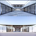 Modern Sales Office Building Exterior With Glass Curtain Walls Spacious Entrance And Unique Roof Design