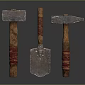 Three Ancient Weapons With Wooden Handles Shovel Shaped Metal Heads And Red Wraps