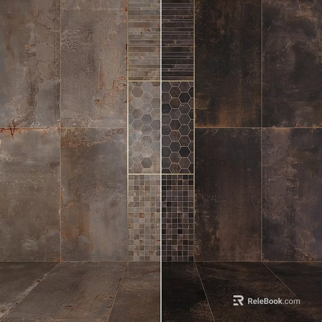 Textured Stone Tile Components With Hexagonal And Square Patterns In Dark Gray 3d model