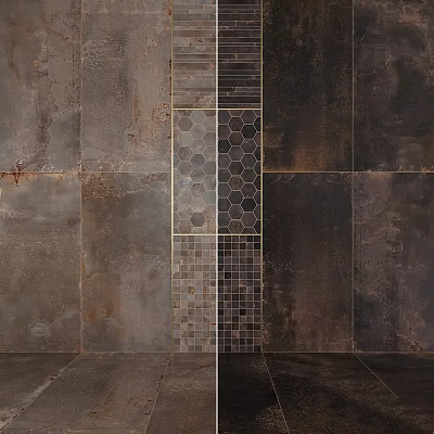 Textured Stone Tile Components With Hexagonal And Square Patterns In Dark Gray 3d model