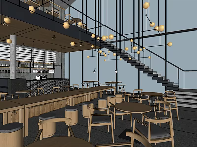 Modern Restaurant Interior With Hanging Lights Staircase Round Tables And Bar Counter 3d model
