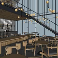 Modern Restaurant Interior With Hanging Lights Staircase Round Tables And Bar Counter
