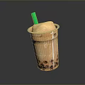 Creamy Bubble Tea With Tapioca Pearls In Transparent Cup And Green Straw