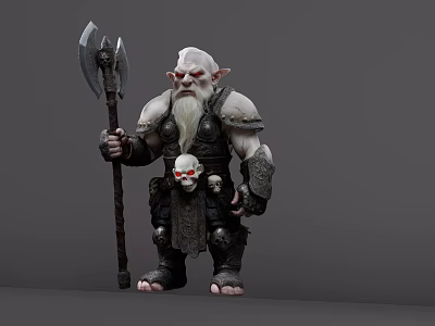 Armored Orc Game Character Holding Large Axe White Hair Beard And Skull 3d model