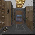 Traditional Chinese Tea House Interior With Latticed Wooden Ceiling Wooden Shelves Tea Sets And Tables