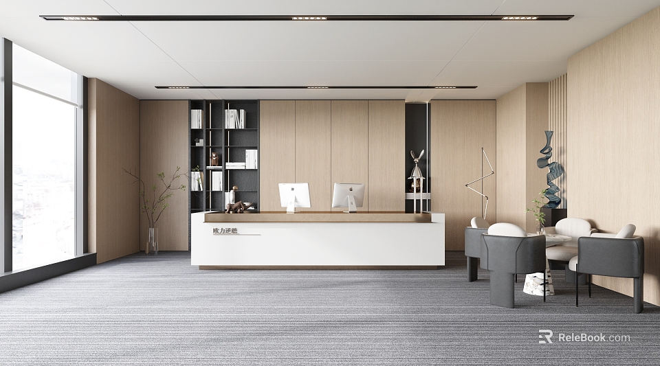 Modern Office Reception Area With Wooden Walls Bookshelves Green Plants And Computer Monitors 3d model 