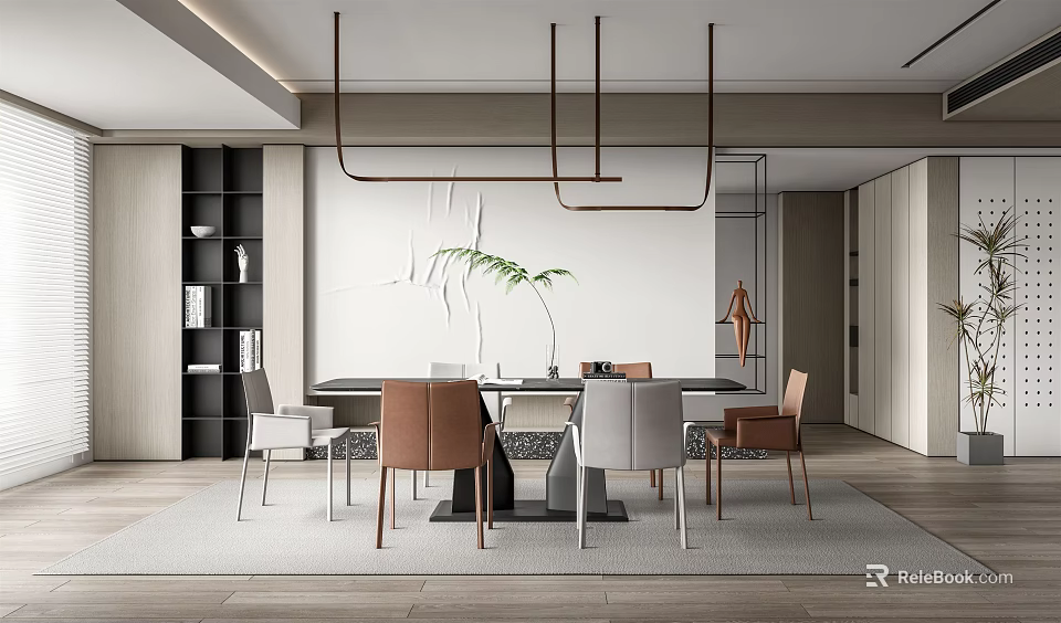 Modern Restaurant Interior With Open Design Dining Table Chairs And Pendant Lights 3d model 