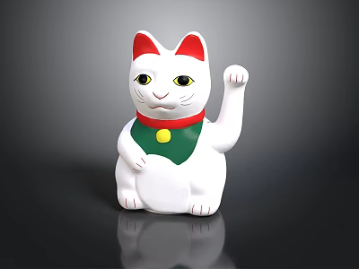White Lucky Cat Figurine With Red Ears Green Collar Yellow Accent And Raised Paw 3d model