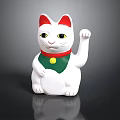 White Lucky Cat Figurine With Red Ears Green Collar Yellow Accent And Raised Paw