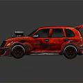 Red Custom Modified Car With Exposed Engine Rear Spoiler And Distressed Paint