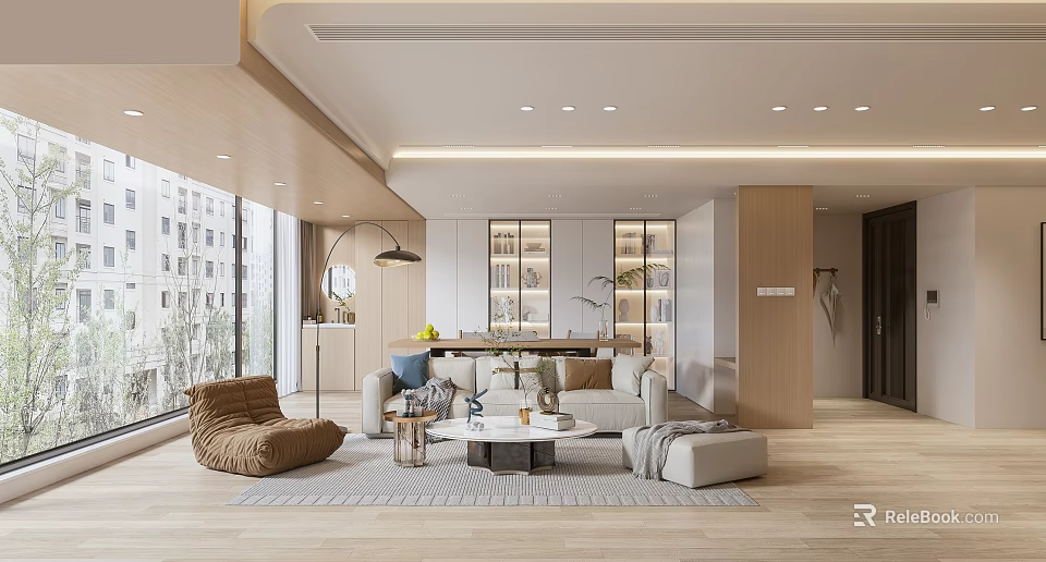 Modern Living Dining Room Interior With Sofa Coffee Table Bookshelf And Wooden Flooring 3d model 