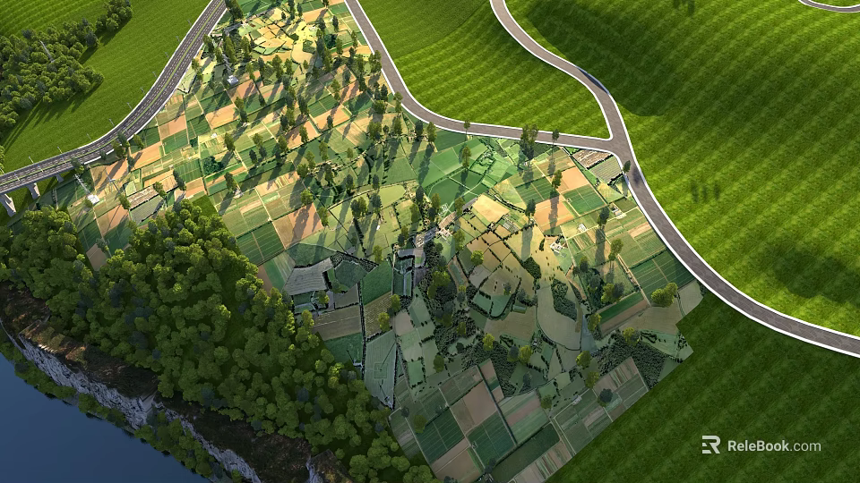 Beautiful Aerial Scenery Of Patchwork Rural Farmland With Winding Country Roads And Lush Green Forests 3d model 