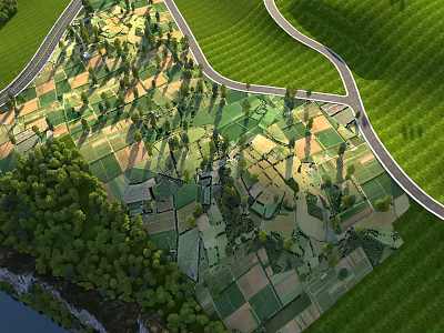 Beautiful Aerial Scenery Of Patchwork Rural Farmland With Winding Country Roads And Lush Green Forests 3d model