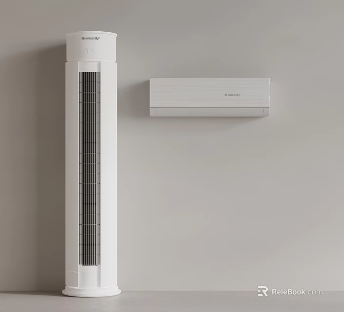 White Cylindrical Standing and Wall Mounted Air Conditioner Fans Placed Against the Wall 3d model 