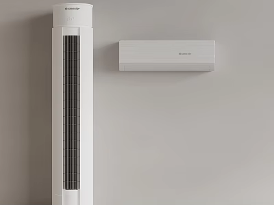 White Cylindrical Standing and Wall Mounted Air Conditioner Fans Placed Against the Wall 3d model