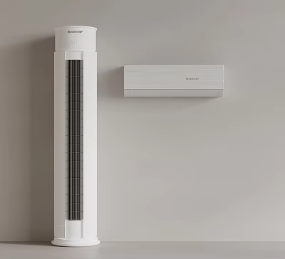 White Cylindrical Standing and Wall Mounted Air Conditioner Fans Placed Against the Wall 3d model