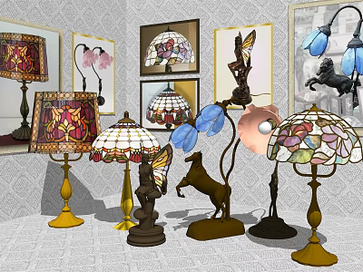 Vintage Stained Glass Table Lamps With Artistic Bases And Decorative Shades 3d model