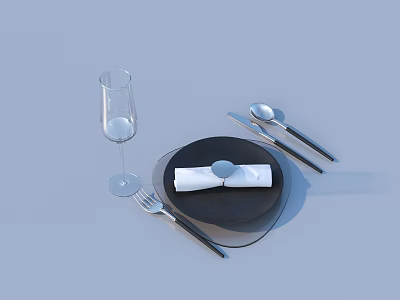 Elegant Dinnerware Set With Black Plate Silver Cutlery White Napkin And Wine Glass 3d model